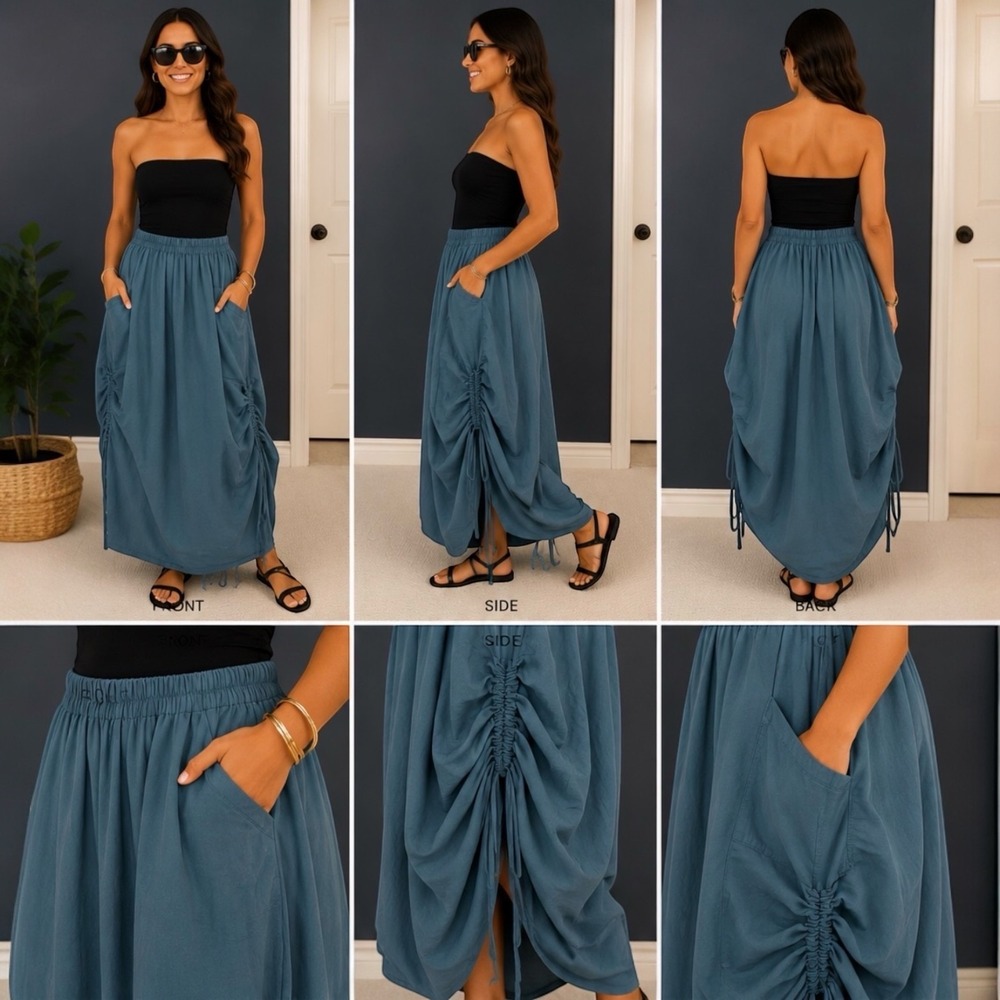 THALUTA Blue Cotton Ruched Pocket Maxi Skirt Ethical Boho Lagenlook NWT
